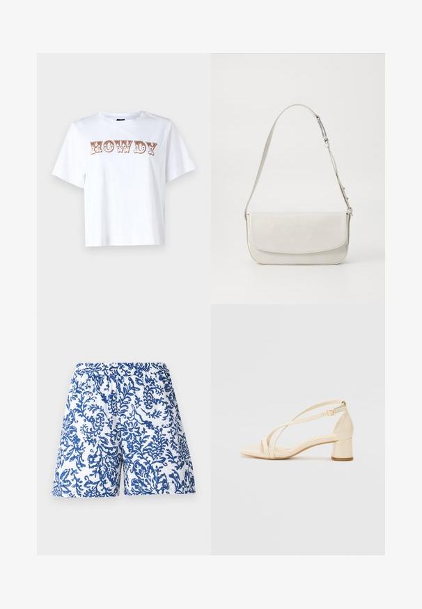 Balta kokvilnas T-kreklā ar īsām piedurknēm un apaļu kaklu, uz kura priekšpuses ir rakstīts "HOWDY" stilizētā brūnā fontā.; Izgatavotas šortus no baltas auduma ar zilu koralļu rakstu. Elastīgs jostasvīrs, brīvs piegriezums un gluda tekstūra.; Beige augstiem papēžiem ar bloku, ar siksniņu dizainu un regulējamu potītes siksniņu, izgatavoti no gludas sintētiskas materiāla ar matētu apdari.; Balta ādas plecu soma ar gludu virsmu, taisnstūra formā, ar atloku aizdari un regulējamu siksnu. Vienkārša šuvju detaļa.
