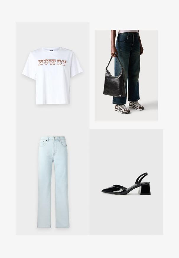 Balta kokvilnas T-kreklā ar īsām piedurknēm un apaļu kaklu, uz kura priekšpuses ir rakstīts "HOWDY" stilizētā brūnā fontā.; Gai zila denima bikses ar taisnu kāju dizainu, kurām ir pieci kabatas, jostas cilpas un pogas aizdare jostasvietā.; Melna lakota āda ar atvērto papēdi, ar smailu purngalu un ģeometrisku blokpapēdi. Iezīmējas elegants, minimāls dizains un gluda tekstūra.; Melna ādas pleca soma ar gludu tekstūru un regulējamu siksnu, saskaņota ar izbalējušām platām biksēm un sportiskām kedām.