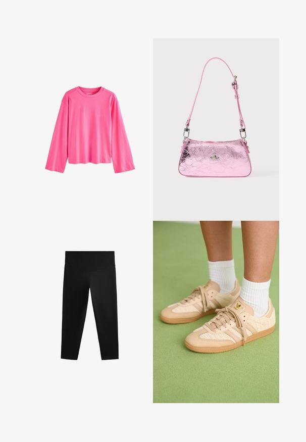 Hosszúujjú rózsaszín póló, puha pamutból készült. Kerek nyakkivágással és laza fazonnal rendelkezik, raglán ujjakkal. Egyszerű, egyszínű dizájn.; Fekete sportleggings magas derékkal, sima anyagból készült, testhez simuló fazonnal, amely a könnyű mozgást és a kényelmet szolgálja.; Beige színű, szőtt Adidas sportcipőt viselő lábak, gumitalppal és fehér bokazoknival, zöld, textúrált padlón.; Rózsaszín fémes hatású kézitáska gyűrt textúrával, állítható pánttal és ezüst színű fém részletekkel. Az elején egy kis embléma található.