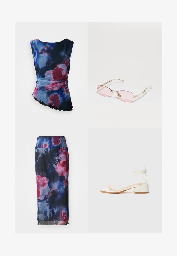 Hihaton kukkakuosiset paita sinisessä, purppurassa ja vaaleanpunaisessa painatuksessa; sivuilla rypytysdetail ja musta aallotettu helma.; Tummansininen kukkakuosisekki, jossa on vaaleanpunaisen ja violetin sävyjä, valmistettu kevyestä kankaasta, joka on sileä tekstuuriltaan ja jossa on joustava vyötärö.; Valkoiset korkokenkä-sandaalit, joissa on neliön muotoinen korko, ohuet remmit ja pyöreä korostus. Niissä on teksturoitu pohja ja kierretty nauhadesign nilkassa.; Gucci Aurinkolasit - gold-coloured/pink; Hopeaketju olkalaukku hopeassa, jossa on solmittu kahva, vetoketjusulku ja geometrinen muoto sileällä pinnalla.