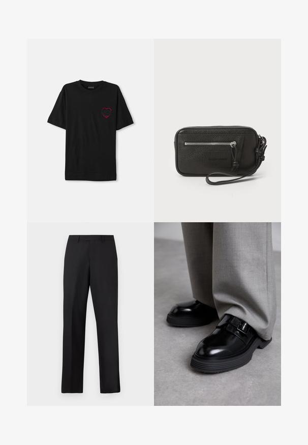 Musta puuvillainen t-paita lyhyillä hihoilla, jossa on punainen brodeerattu sydämen muotoilu vasemmalla rinnassa. Klassinen pyöreä kaula-aukko, rento malli.; Mustat, suorat housut, jotka on valmistettu sileästä kankaasta. Niissä on tavallinen vyötärönauha, eikä niissä ole näkyviä kuvioita tai koristeita.; The Antipode DERBY - Loaferit/pistokkaat - black; Mustakotelo, jossa on tekstuuri, etupinossa vetoketjullinen tasku ja irrotettava ranneke. Edessä on logopatch. Suorakulmainen muoto.
