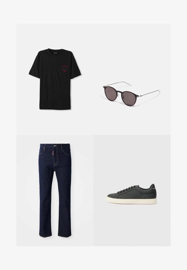 Svart bomull t-skjorte med kort erm, med et rødt brodert hjerte-design på venstre bryst. Klassisk rund hals, avslappet passform.; Mørkeblå denimjeans med rette ben, synlige sømmer, knappestenging og fire lommer, inkludert en liten myntlomme.; Svart skinnsneaker med lav profil, rund tå og snøring; har en teksturert gummisåle og logo-detalj på hælen.; Sorte, runde solbriller med mørke linser og slanke metalarmer. Inkluderer klare temple tips og sølvfargede detaljer ved hengslet. Minimalistisk design.