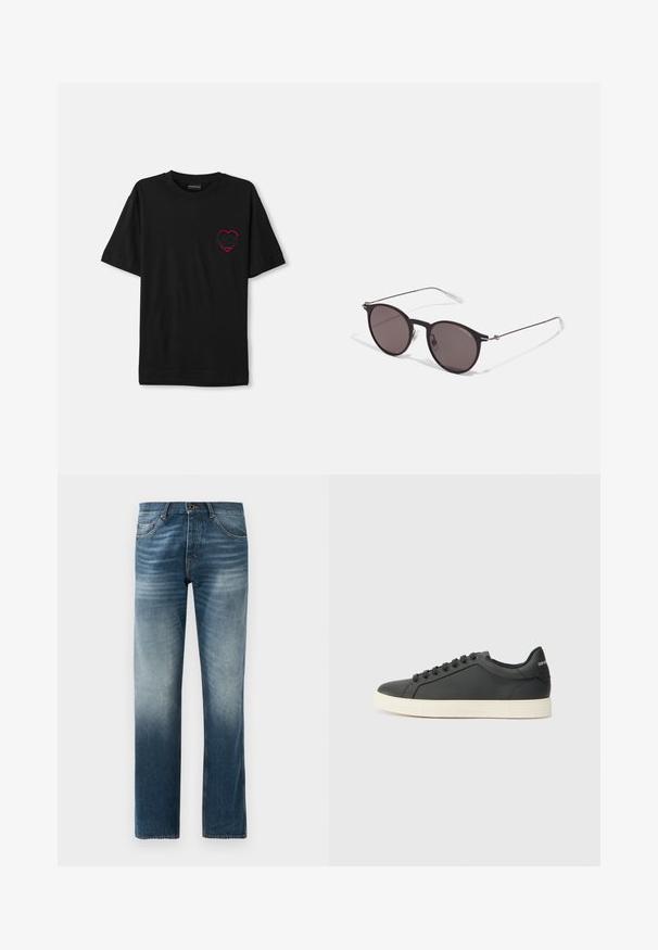 Crna pamučna majica kratkih rukava s crvenim izvezenim dizajnom srca na lijevoj strani prsnog dijela. Klasičan okrugli izrez, opušteni kroj.; Traperice u tamnoplavom izblijedjelom tonusu, ravnog kroja. Imaju pet džepova, standardnu elastiku s petljama za remen i metalno kopčanje.; Crna kožna tenisica s niskim profilom, zaobljenim prstima i vezanjem; ima teksturiranu gumenu potplatu i detalj s logotipom na peti.; Crne okrugle sunčane naočale s tamnim staklima i tankim metalnim ručkama. Uključuju prozirne vrhove ručki i srebrne naglaske na šarkama. Minimalistički dizajn.