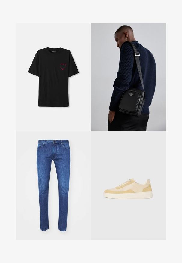 Juoda medvilnės marškinėliai trumpomis rankovėmis, su raudonu siuvinėjimu širdelės formos kairėje krūtinės pusėje. Klasikinis apvalus iškirpimas, laisvas modelis.; Mėlynos džinsinės kelnės su tiesia forma, mygtuko užsegimu, penkiomis kišenėmis ir kontrastingais siūlais. Medžiaga rodo vidutinį plovimą su šiek tiek išblukimu.; Šviesiai geltoni zomšiniai ir odiniai sportbačiai, turintys paminkštintą pado ir siuvinėtus akcentus. Klasikinis raištelių modelis su apvaliu pirštu.; Juodas odinis kryžiumi nešiojamas krepšys su užtraukiamu skyriumi, logotipo detale ir prekinio ženklo reguliuojama juosta. Dėvimas ant tekstūrinio tamsiai mėlyno megztinio.