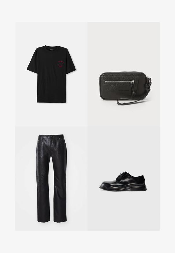 Tricou din bumbac negru cu mâneci scurte, având un design brodat cu inimă roșie pe partea stângă a pieptului. Guler clasic în stil crew, croială lejeră.; Pantaloni negri din material texturat, cu un model subtil. Design cu picioare drepte, având cinci buzunare și detalii din metal.; Pantof cu toc din piele neagră, cu vârf rotunjit, finisaj neted, design cu șireturi și toc stratificat. Stil minimalist fără logo-uri vizibile.; Plică din piele neagră cu suprafață texturată, buzunar frontal cu fermoar și curea pentru încheietura mâinii detasabilă. Dispune de un patch cu logo pe față. Formă rectangulară.