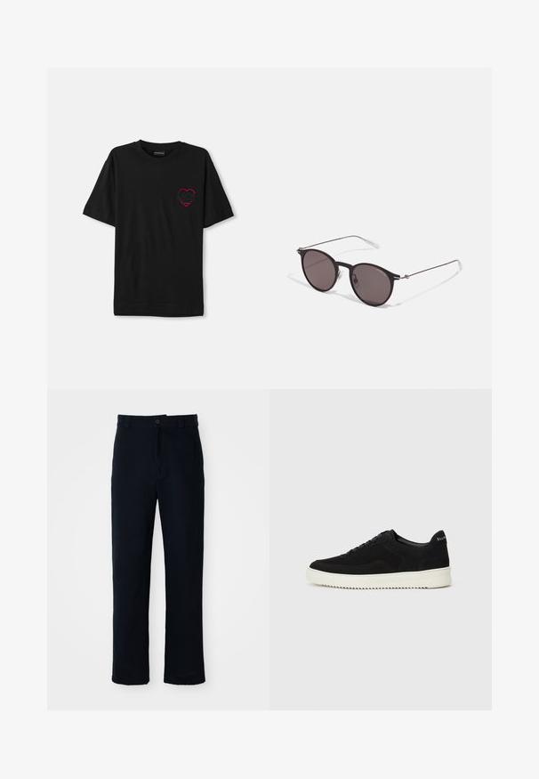 Tricou din bumbac negru cu mâneci scurte, având un design brodat cu inimă roșie pe partea stângă a pieptului. Guler clasic în stil crew, croială lejeră.; Pantaloni bleumarin din bumbac, cu un design drept, închidere frontală cu nasture și talie clasică cu bucle pentru curea.; Adidași negri din suede cu design cu șireturi și talpă din cauciuc alb contrastant. Prezintă panouri laterale texturate și branding subtil pe toc.; Ochelari de soare negri rotunzi cu lentile întunecate și brațe metalice subțiri. Include vârfuri transparente pentru brate și accente argintii la balama. Design minimalist.