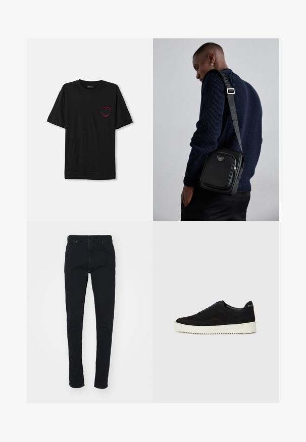 Tricou din bumbac negru cu mâneci scurte, având un design brodat cu inimă roșie pe partea stângă a pieptului. Guler clasic în stil crew, croială lejeră.; Blugi din denim negru, cu un croi slim, design cu cinci buzunare și închidere standard cu buton. Textură netedă și detalii de cusătură minime.; Adidași negri din suede cu design cu șireturi și talpă din cauciuc alb contrastant. Prezintă panouri laterale texturate și branding subtil pe toc.; Geantă crossbody din piele neagră, cu un compartiment cu fermoar, detaliu cu logo și o curea ajustabilă cu marcă. Pură împotriva unui pulover texturat de culoare bleumarin.