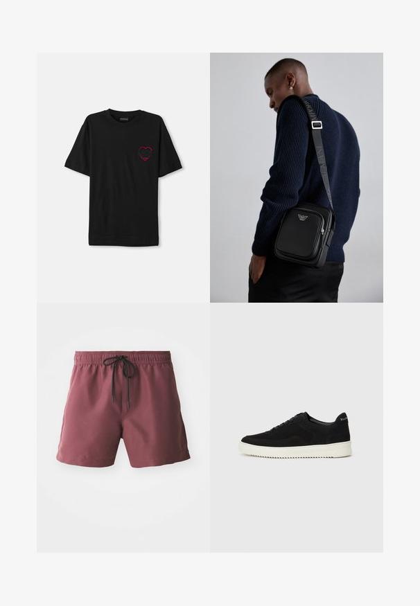 Black cotton t-shirt with short sleeves, featuring a red embroidered heart design on the left chest. Classic crew neckline, relaxed fit.; Burgundy swim shorts with an elastic waistband and black drawstring. Features side pockets and a smooth, lightweight fabric.; Black suede sneaker with lace-up design and contrasting white rubber sole. Features textured side panels and subtle branding on the heel.; Black leather crossbody bag with a zippered compartment, logo detail, and a branded adjustable strap. Worn against a textured navy sweater.