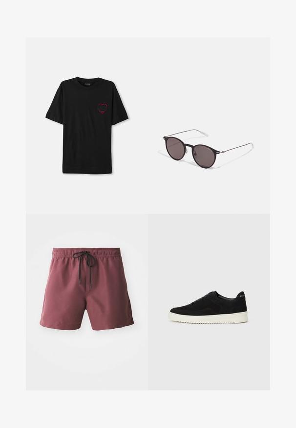 Black cotton t-shirt with short sleeves, featuring a red embroidered heart design on the left chest. Classic crew neckline, relaxed fit.; Burgundy swim shorts with an elastic waistband and black drawstring. Features side pockets and a smooth, lightweight fabric.; Black suede sneaker with lace-up design and contrasting white rubber sole. Features textured side panels and subtle branding on the heel.; Black round sunglasses with dark lenses and slim metal arms. Includes clear temple tips and silver accents at the hinge. Minimalist design.