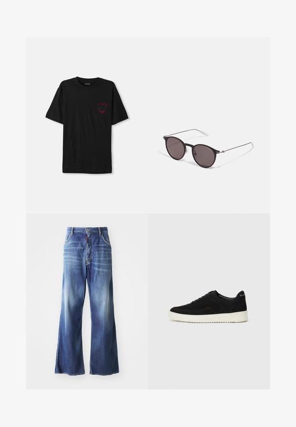 Tricou din bumbac negru cu mâneci scurte, având un design brodat cu inimă roșie pe partea stângă a pieptului. Guler clasic în stil crew, croială lejeră.; Jeans din denim albastru cu picioare largi, cu un finisaj decolorat, design cu cinci buzunare și închidere frontală cu nasture, având un accent roșu contrastant.; Adidași negri din suede cu design cu șireturi și talpă din cauciuc alb contrastant. Prezintă panouri laterale texturate și branding subtil pe toc.; Ochelari de soare negri rotunzi cu lentile întunecate și brațe metalice subțiri. Include vârfuri transparente pentru brate și accente argintii la balama. Design minimalist.