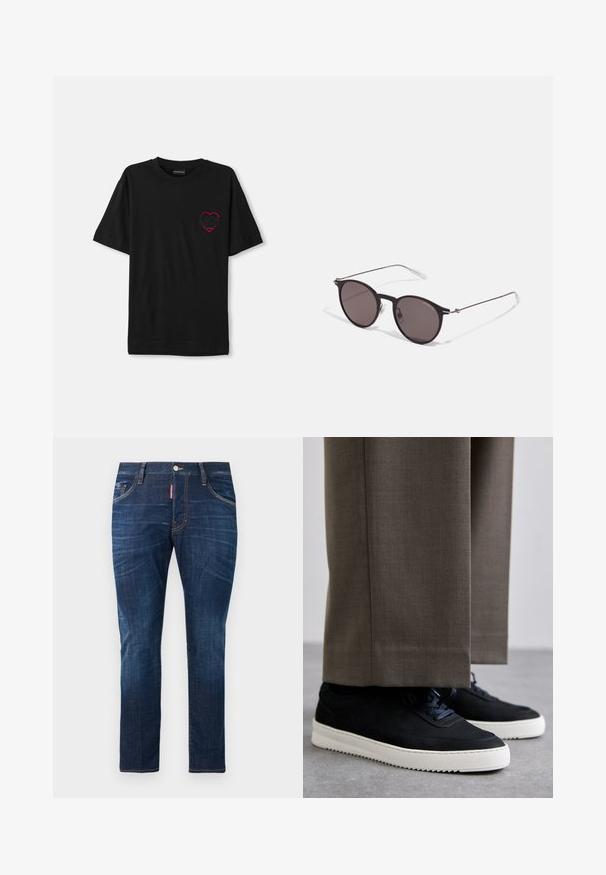 Tricou din bumbac negru cu mâneci scurte, având un design brodat cu inimă roșie pe partea stângă a pieptului. Guler clasic în stil crew, croială lejeră.; Jeans din denim albastru închis cu o croială slim, având un design clasic cu cinci buzunare, cusături galbene contrastante și o închidere cu buton metalic.; Tenisi din suede negru cu talpă din cauciuc alb, având vârf rotunjit și șireturi, purtați cu pantaloni gri ajustați.; Ochelari de soare negri rotunzi cu lentile întunecate și brațe metalice subțiri. Include vârfuri transparente pentru brate și accente argintii la balama. Design minimalist.