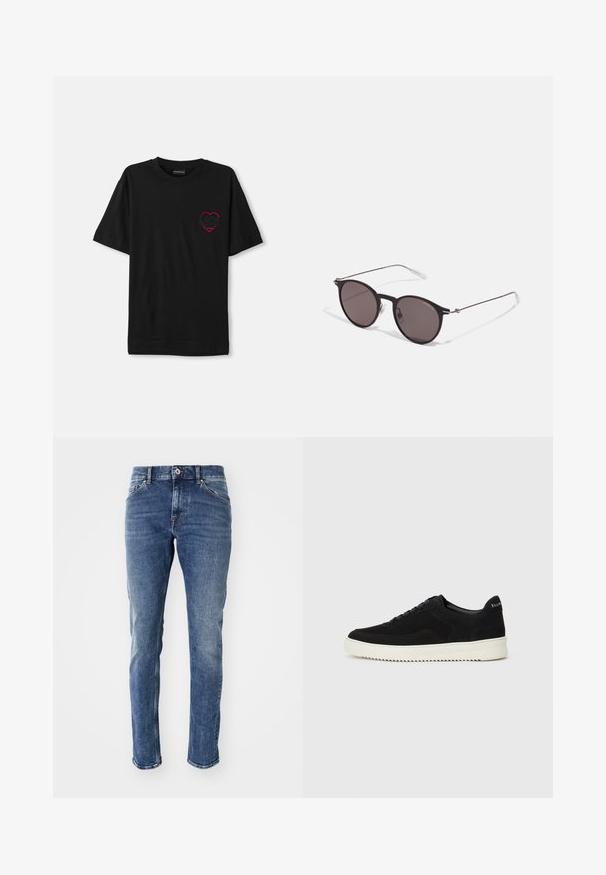 Svart bomull t-shirt med korta ärmar, med en röd broderad hjärtdesign på vänster bröst. Klassisk rund halsringning, avslappnad passform.; Mörkblå denimjeans med rak passform, blekta detaljer, fem fickor och silverfärgad hårdvara vid midjan.; Svarta mockaskor med snörningsdesign och kontrasterande vita gummisulor. Har texturerade sidopaneler och diskret branding på hälen.; Svarta runda solglasögon med mörka linser och smala metallarmar. Inkluderar klara tempeltips och silverdetaljer vid gångjärnet. Minimalistisk design.