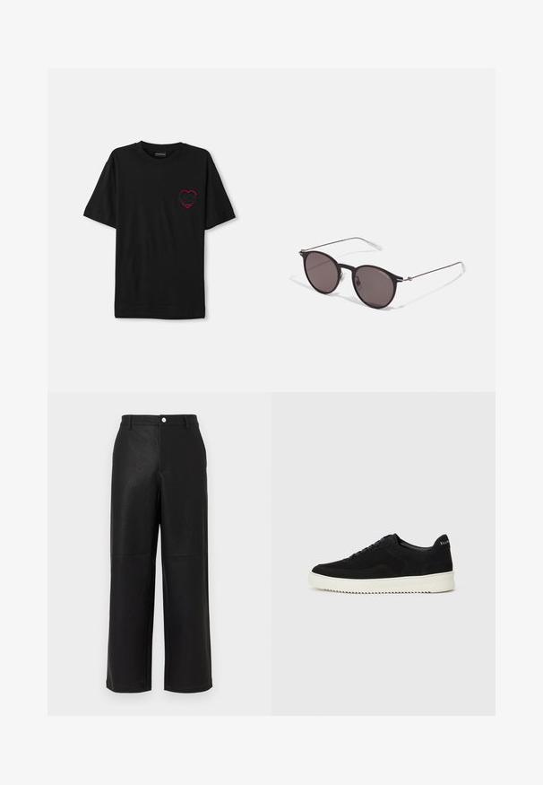 Svart bomull t-shirt med korta ärmar, med en röd broderad hjärtdesign på vänster bröst. Klassisk rund halsringning, avslappnad passform.; Svart imitationläder byxor med breda ben och en subtil texturerad finish. Har framfickor och en slät midja med knappstängning.; Svarta mockaskor med snörningsdesign och kontrasterande vita gummisulor. Har texturerade sidopaneler och diskret branding på hälen.; Svarta runda solglasögon med mörka linser och smala metallarmar. Inkluderar klara tempeltips och silverdetaljer vid gångjärnet. Minimalistisk design.