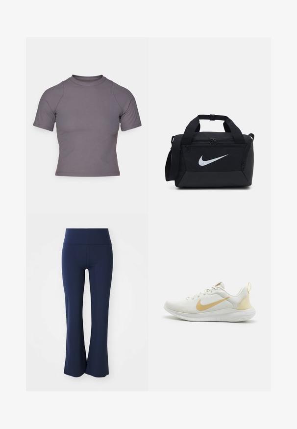 Kortermet topp med høy hals i ribbet, grått stoff. Fitted design med flate sømmer og glatt tekstur. Ingen mønstre eller grafikk til stede.; Marineblå slagbukser laget av elastisk stoff med bred midjebånd. Jevn tekstur og ingen synlige mønstre eller maskinvaredetaljer.; Hvit sportsko med en teksturert mesh-overdel, gullakcenter og en fleksibel såle. Har en løkke på hælen for enkel påkledning.; Svart treningsbag med glatt stoff, doble glidelåslommer, polstrede håndtak og en stor hvit Nike-logo på forsiden.