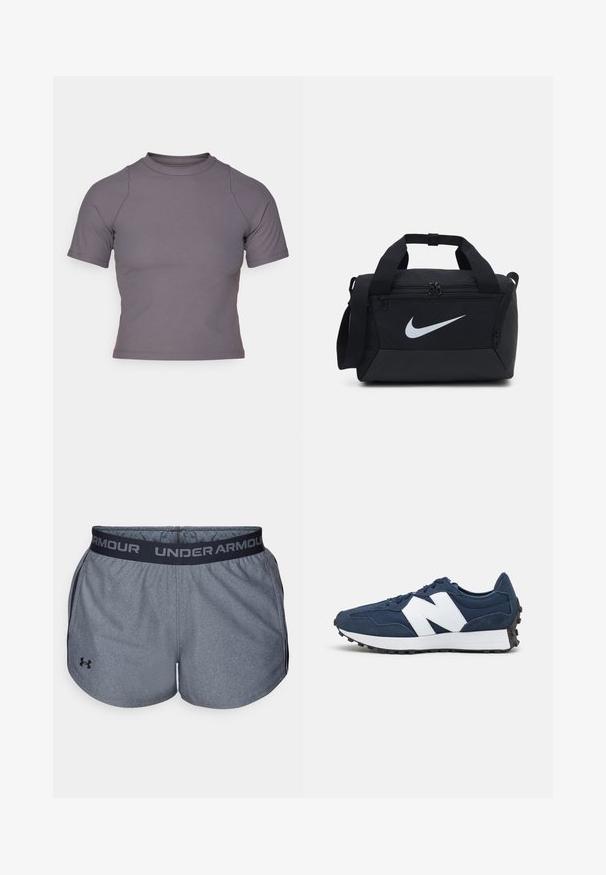 Top de manga corta y cuello alto en tejido acanalado gris. Diseño ajustado con costuras planas y una textura suave. No presenta patrones ni gráficos.; Pantalones cortos deportivos grises con una cinturilla elástica negra que presenta el logo "UNDER ARMOUR". Hechos de una tela texturizada con un acabado suave.; Zapatillas deportivas azul marino con logo blanco, parte superior de ante y malla, que cuentan con un cuello acolchado, cordones planos y suela de goma negra texturizada.; Bolsa de deporte negra con un tejido suave, compartimentos con doble cremallera, asas acolchadas y un gran logo blanco de Nike en la parte frontal.