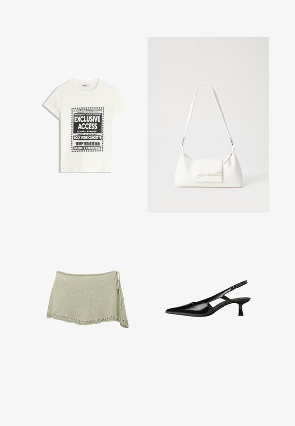 T-shirt blanche avec du texte noir promouvant un événement musical, comportant "Accès Exclusif", "Concerts Rock Indie" et "Expérience Musicale Superstar."; Jupe tricotée en vert clair avec un ourlet en dentelle festonnée, lien ajustable sur le côté et un tissu texturé.; Escarpins slingback en cuir verni noir avec un bout pointu, un design découpé sur les côtés et un petit talon carré. Texture lisse avec des accents minimaux.; Sac à main synthétique blanc en forme triangulaire, avec un rabat avant plat et un détail en nœud, une bandoulière ajustable, une texture lisse et un design minimaliste.