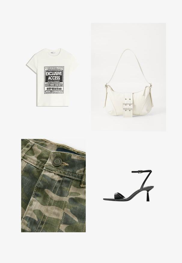T-shirt blanche avec du texte noir promouvant un événement musical, comportant "Accès Exclusif", "Concerts Rock Indie" et "Expérience Musicale Superstar."; Tissu à motif camouflage avec des nuances de vert et de beige, présentant des coutures visibles, un bouton en métal et une texture lisse.; Bershka Sandales à talons hauts - black; Sac à épaule blanc avec une finition texturée, une accentuation par une boucle centrale et une forme courbée. Fermetures éclair des deux côtés.