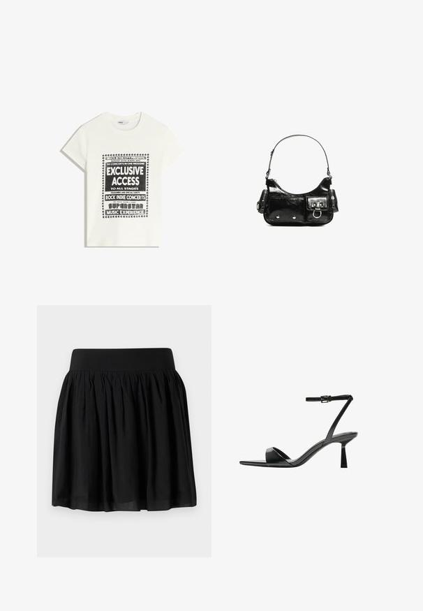 Biela tričko s čiernym textom propagujúcim hudobnú udalosť, ktorý obsahuje "Exkluzívny prístup", "Rock Indie koncerty" a "Superstar hudobný zážitok."; Čierna sukňa z látky s širokým pásom, nariaseným dizajnom a rozšíreným tvarom. Textúra vyzerá hladko s ľahkým povrchom.; Bershka Sandále na vysokom opätku - black; Čierna laková kožená kabelka s ohnutým tvarom, jedným ramenným popruhom, prednými vreckami a striebornými kovovými doplnkami.