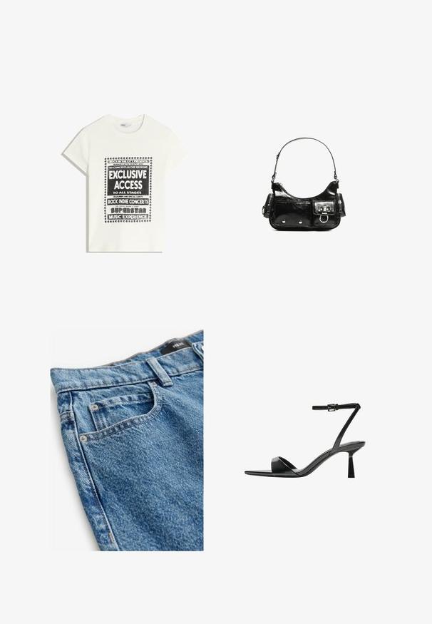 Tricou alb cu text negru care promovează un eveniment muzical, având inscripțiile "Acces Exclusiv", "Concerte Rock Indie" și "Experiența Muzicală a Superstarurilor".; Blugi de denim de culoare albastru mediu, cu o textură ușor decolorată. Caracteristicile includ cinci buzunare, nituri din cupru și detalii cusute pe cusături.; Bershka Sandale cu toc - black; Geantă de mână din piele lăcuită neagră, cu o formă curbată, un umăr, buzunare frontale și accente din metal argintiu.