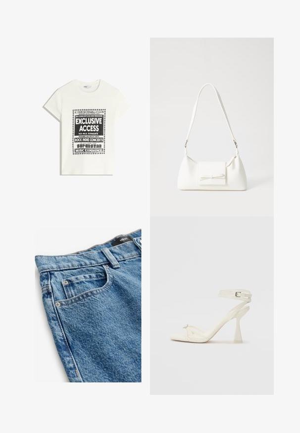 Witte t-shirt met zwarte tekst ter promotie van een muziek evenement, met de opschriften "Exclusieve Toegang," "Rock Indie Concerten," en "Superster Muziekervaring."; Denim jeans in medium blauw met een vervaagde textuur. Kenmerken zijn vijf zakken, koperen klinknagels en gestikte afwerking langs de naden.; Strappy hoge hak sandaal in wit leer met een slank ontwerp, een transparante blokhak en een decoratief element bij de teen.; Witte synthetische handtas met een driehoekige vorm, platte voorklep en strikdetail, verstelbare schouderriem, gladde textuur en minimalistisch ontwerp.