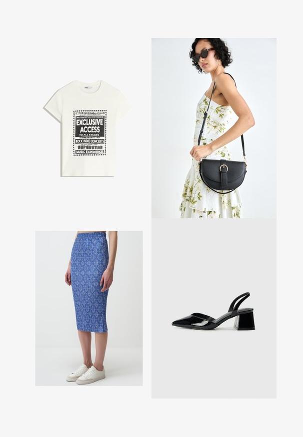 T-shirt blanche avec du texte noir promouvant un événement musical, comportant "Accès Exclusif", "Concerts Rock Indie" et "Expérience Musicale Superstar."; Jupe midi à motifs bleus avec une silhouette ajustée, ceinture élastique et texture côtelée, associée à des baskets blanches.; Escarpins en cuir verni noir avec bout pointu et talon bloc géométrique. Présente un design élégant et minimaliste ainsi qu'une texture lisse.; Sac à main en cuir noir avec une forme courbée, bandoulière amovible et des accessoires en or. Le sac est doté d'un rabat avec un détail de boucle.