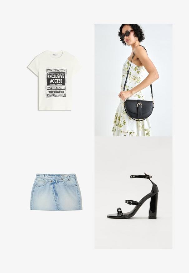 Fehér póló fekete felirattal, amely egy zenei eseményt népszerűsít, benne az "Exkluzív Hozzáférés", "Rock Indie Koncertek" és "Szupersztár Zenei Élmény" szöveggel.; Világoskék farmer mini szoknya, testhezálló fazonnal, elülső zsebekkel és látható varrási részletekkel. Közepes derekú, tiszta szegéllyel.; Fekete lakk magas sarkú szandál négyzet alakú orral, bokapántokkal és ezüst csatokat tartalmaz. Masszív blokk sarka a stabilitásért felel.; Fekete bőrtáska ívelt formával, levehető pánttal és arany színű fémrészekkel. A táskán egy csattal díszített fedél található.