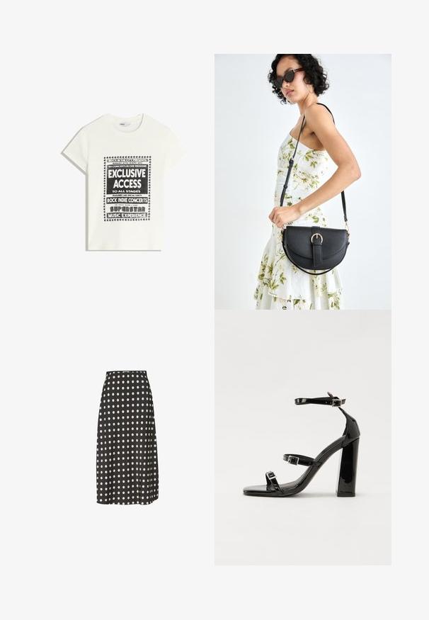White t-shirt with black text promoting a music event, featuring "Exclusive Access," "Rock Indie Concerts," and "Superstar Music Experience."; Black midi skirt with white polka dots, made of a smooth fabric. Features a fitted waist and a slight side slit for ease of movement.; Black patent heeled sandals with a square toe, ankle straps, and silver buckles. Features a chunky block heel for stability.; Black leather handbag with a curved shape, detachable strap, and gold hardware. The bag features a flap with a buckle detail.