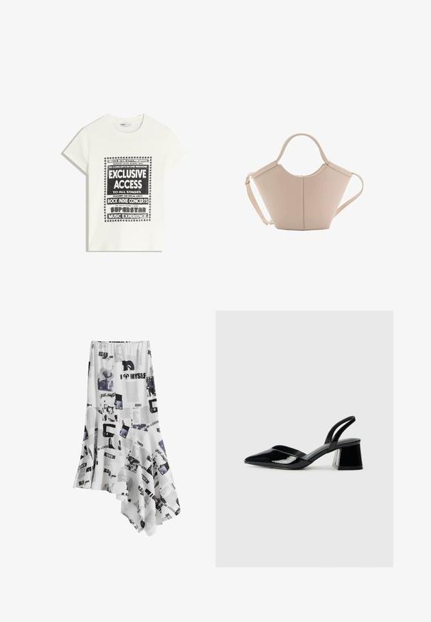 Tricou alb cu text negru care promovează un eveniment muzical, având inscripțiile "Acces Exclusiv", "Concerte Rock Indie" și "Experiența Muzicală a Superstarurilor".; Fustă asimetrică albă, cu un design tipărit care include text și imagini negre, realizată dintr-un material ușor. Marginea este terminată delicat.; Pantofi cu toc slingback din piele lacuită neagră, cu vârf ascuțit și toc geometric. Prezintă un design elegant, minimalist și o textură netedă.; Geantă de mână bej din piele cu o formă unică, dotată cu două mânere scurte și o curea lungă ajustabilă. Textură netedă, cu hardware minim.