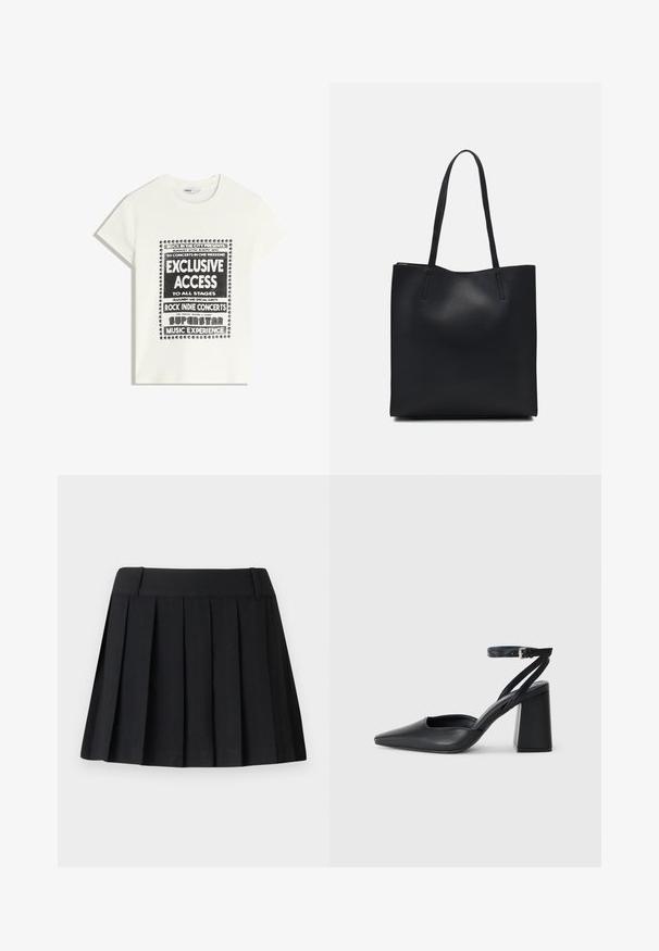 Witte t-shirt met zwarte tekst ter promotie van een muziek evenement, met de opschriften "Exclusieve Toegang," "Rock Indie Concerten," en "Superster Muziekervaring."; Zwarte geplooide rok met een op maat gemaakte tailleband, gemaakt van lichte stof. Kenmerkt zich door gelijkmatig verdeelde plooien en een eenvoudig, strak ontwerp.; Zwarte leren puntige pump met een enkelbandje en een chunky hak. Vlakke textuur, strakke vormgeving en minimalistische esthetiek.; Zwarte leren handtas met een gladde textuur, rechthoekige vorm en twee lange handvaten. Geen zichtbare hardware of versieringen.