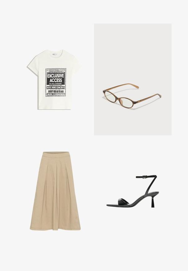 Bela majica s črnim napisom, ki promovira glasbeni dogodek, z besedami "Ekskluziven dostop," "Rock Indie koncerti" in "Superzvezdniška glasbena izkušnja."; Bež krilo z naborki, gladke teksture, dolžine do kolen in z oprijetim pasom. Narejeno iz lahkega materiala z diskretnimi šivi.; Bershka Sandali z visoko peto - black; Rjavo želvovina očala z ovalnimi lečami, tankimi ročaji in prosojnimi detajli. Imajo subtilen logo na templetu. Eleganten, lahek dizajn.