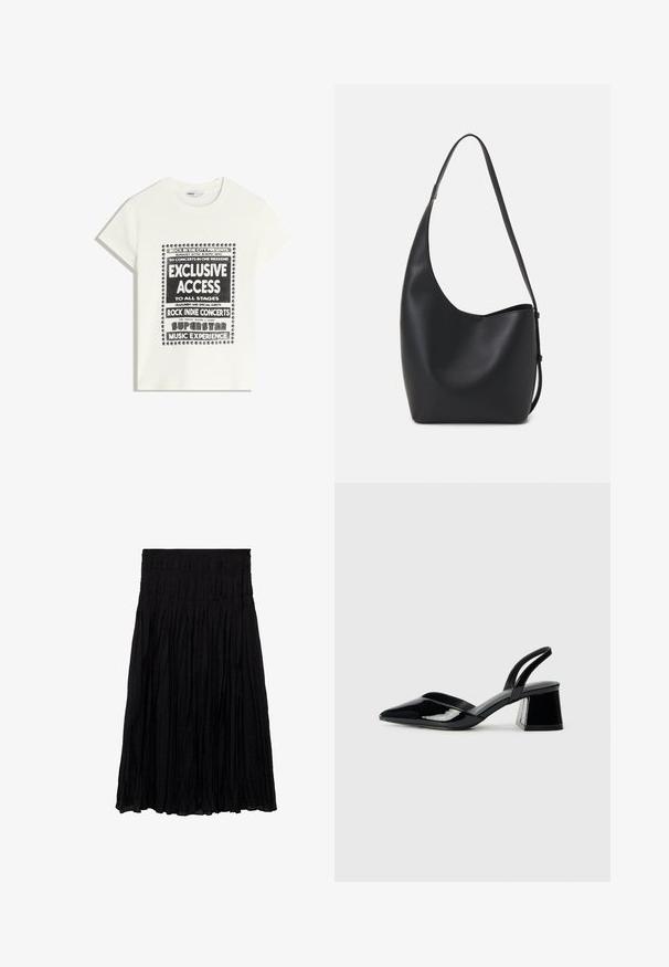 Bijela majica s crnim natpisom koja promiče glazbeni događaj, s natpisima "Ekskluzivni Pristup", "Rock Indie Koncerti" i "Superstar Glazbeno Iskustvo."; Crna plisirana suknja s teksturiranim završetkom, s elastičnom trakom u struku za udobnost i lepršavim dizajnom do koljena.; Crne lakirane kožne sandale s otvorenom petom i špicastim vrhom, s geometrijskom blok petom. Imaju elegantan, minimalistički dizajn i glatku teksturu.; Crna kožna hobo torba s glatkom teksturom, zakrivljenim oblikom i jednom podesivom trakicom; ima širok otvor na vrhu.