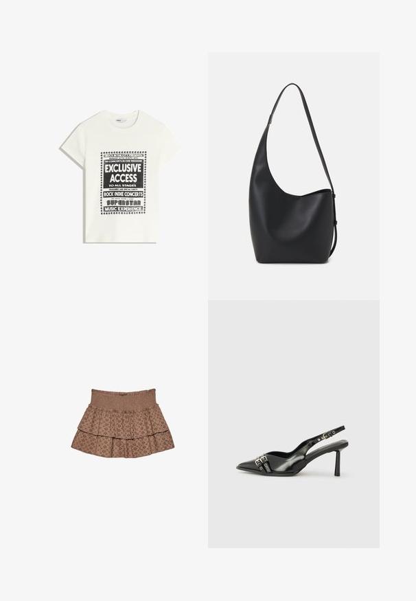 Weißes T-Shirt mit schwarzem Text zur Bewerbung eines Musikevents, mit den Aufdrucken "Exklusiver Zugang", "Rock Indie Konzerte" und "Superstar Musikerlebnis."; Brauner, gestufter Rock aus weichem Stoff. Verfügt über einen elastischen Bund und bestickte Muster mit geometrischem Design.; Schwarzer Lackleder Slingback-Schuh mit spitzem Zehenbereich, Knöchelriemen mit silbernen Schnallen und Beschlägen sowie einem schlanken Absatz.; Schwarze Leder-Hobo-Tasche mit einer glatten Textur, geschwungener Form und einem einzelnen verstellbaren Tragegurt; verfügt über eine weite Öffnung am oberen Ende.