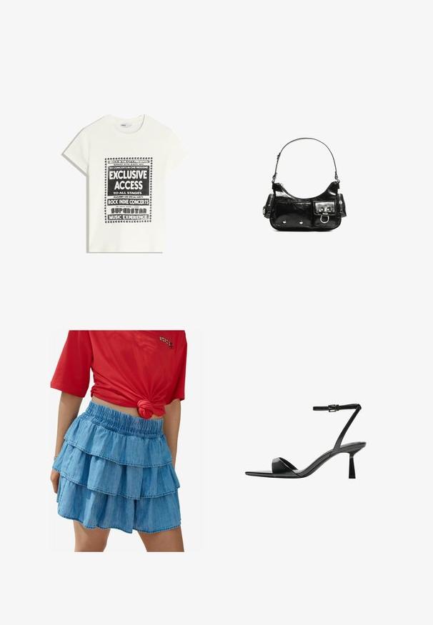 Hvid T-shirt med sort tekst, der promoverer et musikarrangement, med teksten "Eksklusiv Adgang," "Rock Indie Koncerter," og "Superstar Musikoplevelse."; Lyseblå denimnederdel med tre lag af flæser, der har en elastisk talje og en glat tekstur. Sammen med en rød T-shirt med korte ærmer.; Bershka Højhælede sandaletter / Højhælede sandaler - black; Sort patenteret læder håndtaske med en buet form, en skulderrem, frontlommer og hardware accenter i sølvfarve.