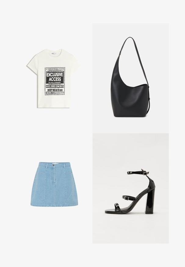 Fehér póló fekete felirattal, amely egy zenei eseményt népszerűsít, benne az "Exkluzív Hozzáférés", "Rock Indie Koncertek" és "Szupersztár Zenei Élmény" szöveggel.; Világoskék farmer szoknya magas derekkal, elülső zsebekkel és diszkrét panel részletekkel, ezüst gombos zárással.; Fekete lakk magas sarkú szandál négyzet alakú orral, bokapántokkal és ezüst csatokat tartalmaz. Masszív blokk sarka a stabilitásért felel.; Fekete bőr hobo táska sima textúrával, ívelt formával és egyetlen állítható pánttal; széles nyílás található a tetején.