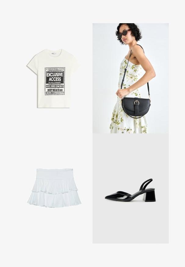 Witte t-shirt met zwarte tekst ter promotie van een muziek evenement, met de opschriften "Exclusieve Toegang," "Rock Indie Concerten," en "Superster Muziekervaring."; Witte gelaagde rok van zacht, lichtgewicht stof. Beschikt over een smocktail en vloeiende ruches die volume en beweging creëren.; Zwarte gepatineerde leren slingback hakken met een spitse neus en een geometrische blokhak. Kenmerkt zich door een slank, minimalistisch ontwerp en een gladde textuur.; Zwarte leren handtas met een gebogen vorm, afneembare schouderband en gouden hardware. De tas heeft een klep met een gespsluiting.