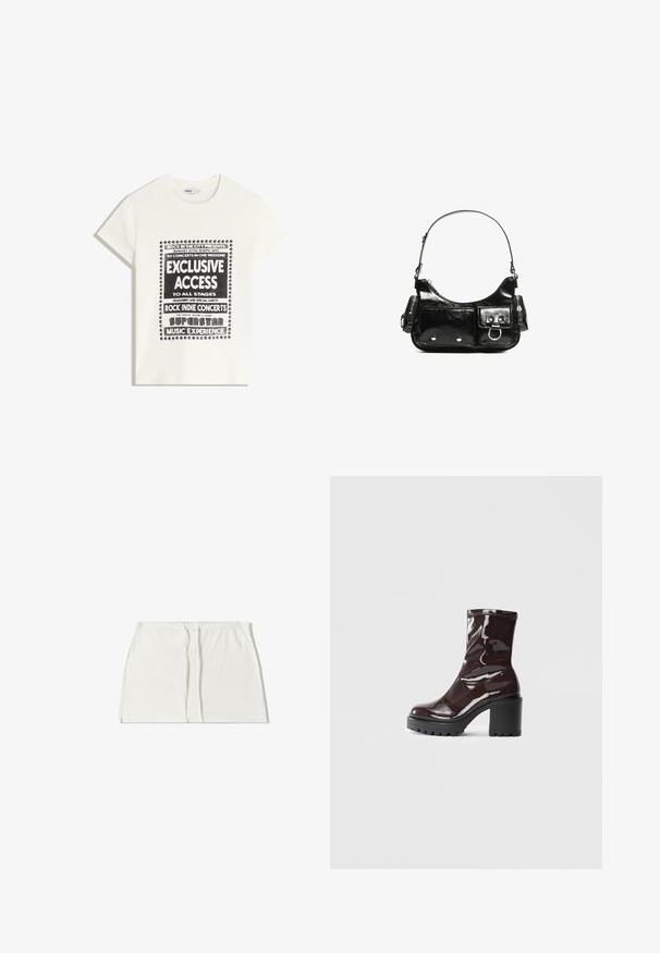 Biela tričko s čiernym textom propagujúcim hudobnú udalosť, ktorý obsahuje "Exkluzívny prístup", "Rock Indie koncerty" a "Superstar hudobný zážitok."; Biela sukňa s elastickým pásom, dvoma prednými záhybmi a bočnými rozparkami. Hladká textúra a rovný strih. Žiadne viditeľné pracky ani vzory.; Lesklé burgundské kotníkové boty s robustním černým podpatkem, s hladkou strukturou a jednoduchým designem. Bez viditelných zapínání nebo vzorů.; Čierna laková kožená kabelka s ohnutým tvarom, jedným ramenným popruhom, prednými vreckami a striebornými kovovými doplnkami.