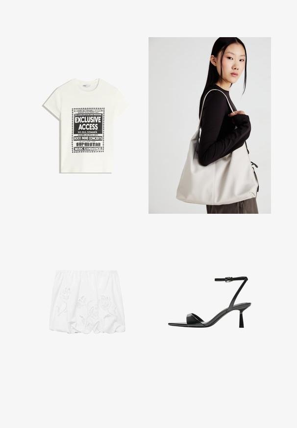 White t-shirt with black text promoting a music event, featuring "Exclusive Access," "Rock Indie Concerts," and "Superstar Music Experience."; White off-the-shoulder top made of lightweight fabric, featuring floral embroidery and gathered design along the elasticated neckline.; Bershka High heeled sandals - black; Beige handbag made of soft material, featuring a slouchy design, stitched detailing, and two shoulder straps. Suitable for everyday use.