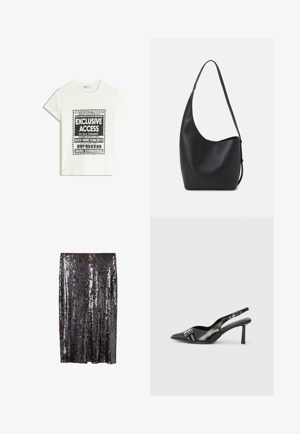 Weißes T-Shirt mit schwarzem Text zur Bewerbung eines Musikevents, mit den Aufdrucken "Exklusiver Zugang", "Rock Indie Konzerte" und "Superstar Musikerlebnis."; Pailletten-Bleistiftrock in Dunkelgrau mit schimmernder Oberfläche. Das Design ist tailliert und gerade geschnitten, mit einem glatten Bund.; Schwarzer Lackleder Slingback-Schuh mit spitzem Zehenbereich, Knöchelriemen mit silbernen Schnallen und Beschlägen sowie einem schlanken Absatz.; Schwarze Leder-Hobo-Tasche mit einer glatten Textur, geschwungener Form und einem einzelnen verstellbaren Tragegurt; verfügt über eine weite Öffnung am oberen Ende.