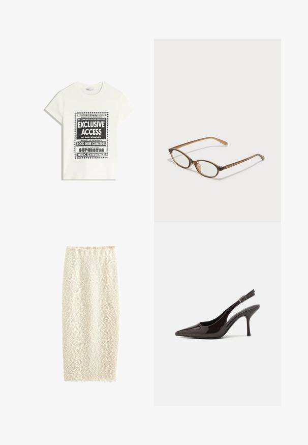 T-shirt blanche avec du texte noir promouvant un événement musical, comportant "Accès Exclusif", "Concerts Rock Indie" et "Expérience Musicale Superstar."; Jupe crayon tricotée en crème avec une surface texturée, taille élastique et silhouette ajustée, conçue pour un look épuré.; Soulier à talons hauts type slingback en cuir verni marron foncé brillant, à bout pointu, côtés ouverts et bride de cheville réglable.; Lunettes en écaille de tortue marron avec des verres ovales, des branches fines et des accents transparents. Présente un logo subtil sur la branche. Design élégant et léger.; Sac fourre-tout en cuir marron avec une texture lisse, design à ouverture supérieure et deux poignées pour le porter à l'épaule. Présente des coutures minimales et aucun matériel visible.