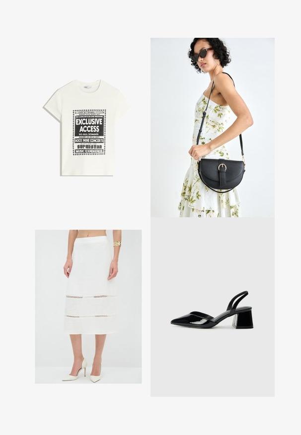 Hvid T-shirt med sort tekst, der promoverer et musikarrangement, med teksten "Eksklusiv Adgang," "Rock Indie Koncerter," og "Superstar Musikoplevelse."; Hvid linned nederdel med lige snit, der har hækledetaljer i to horisontale bånd. Færdig kant og glat tekstur.; Sorte patentlæder slingback hæle med spids tå og en geometrisk blok hæl. Har et elegant, minimalistisk design og en glat tekstur.; Sort læderhåndtaske med en buet form, aftagelig rem og guldfinish. Tasken har en klap med en spænde detalje.