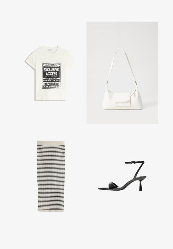 Witte t-shirt met zwarte tekst ter promotie van een muziek evenement, met de opschriften "Exclusieve Toegang," "Rock Indie Concerten," en "Superster Muziekervaring."; Crèmekleurige geribbelde gebreide rok met horizontale zwarte strepen en een klein geborduurd logo nabij de taille.; Bershka Sandalen met hoge hak - black; Witte synthetische handtas met een driehoekige vorm, platte voorklep en strikdetail, verstelbare schouderriem, gladde textuur en minimalistisch ontwerp.