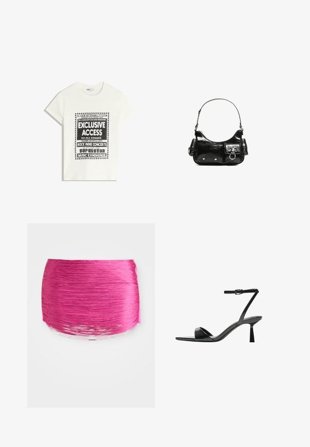 Fehér póló fekete felirattal, amely egy zenei eseményt népszerűsít, benne az "Exkluzív Hozzáférés", "Rock Indie Koncertek" és "Szupersztár Zenei Élmény" szöveggel.; Rózsaszín, redőzött szövet vízszintes vonalakkal, kerek forma és kontrasztos fényes él. Érdes textúrájú, élénk színnel és sima befejezéssel.; Bershka Magas sarkú szandálok - black; Fekete lakkbőr kézitáska ívelt formával, egy vállpánttal, elülső zsebekkel és ezüstszínű fémrészletekkel.