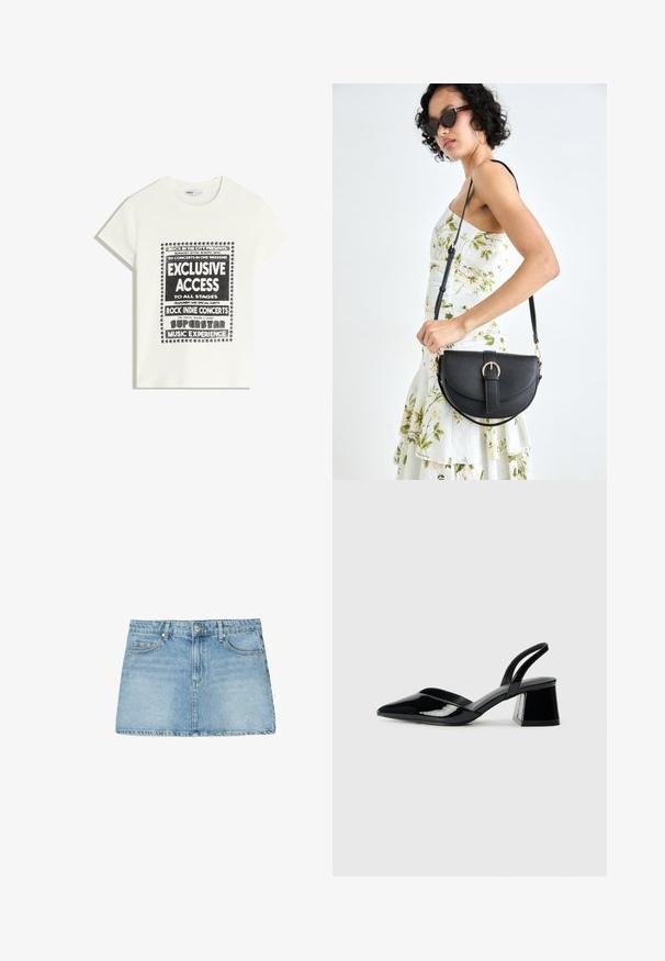 Bela majica s črnim napisom, ki promovira glasbeni dogodek, z besedami "Ekskluziven dostop," "Rock Indie koncerti" in "Superzvezdniška glasbena izkušnja."; Svetlo modra denim mini krila z ravnim krojem, petimi žepi in zanka za pas. Ima zbledeli videz in čisto rob.; Črne lakirane slingback pete s koničastim nosom in geometrijsko blokasto peto. Imajo eleganten, minimalističen dizajn in gladko teksturo.; Črna usnjena torbica s ukrivljeno obliko, z odstranljivo naramnico in zlatimi dodatki. Torbica ima pokrov s podrobnostmi v obliki zaponke.