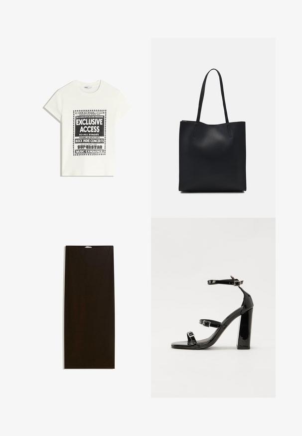 Bílý tričko s černým textem propagující hudební akci, obsahující "Exkluzivní přístup", "Rockové indie koncerty" a "Superstar hudební zážitek."; Černá sukně z látky se střihem do rovna, hladkou strukturou a skrytým pasem, bez dalších vzorů nebo kovových akcentů.; Černé lakované sandály na podpatku se čtveratou špičkou, lýtkovými pásky a stříbrnými přezkami. Disponují masivním blokovým podpatkem pro stabilitu.; Černá kožená taška přes rameno s hladkým povrchem, obdélníkovým tvarem a dvěma dlouhými uchy. Žádné viditelné kování ani ozdoby.