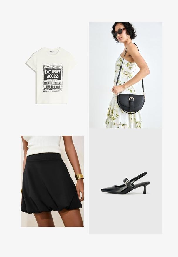 Valkoinen t-paita mustalla tekstillä, joka mainostaa musiikkitapahtumaa. Siinä on tekstit "Eksklusiivinen pääsy", "Rock Indie -konsertit" ja "Superstar-musiikkikokemus."; Mustat A-linjaiset hameet, joissa on kerätty helma, valmistettu sileästä kankaasta. Yhdistetty vaalean kermanväriseen paitaan ja kultaketjuun ranteessa.; Musta patenttinaahkakengät, joissa on osoittava kärki ja pieni lohko korko, varustettuna hopeisella soljella hihnassa.; Musta nahkainen käsilaukku, joka on kaareva muotoilultaan, irrotettavalla hihnalla ja kultaisilla yksityiskohdilla. Laukussa on läppä, jossa on solk yksityiskohta.