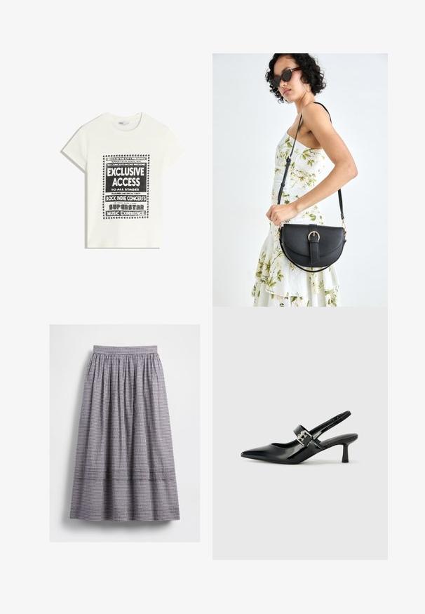 Weißes T-Shirt mit schwarzem Text zur Bewerbung eines Musikevents, mit den Aufdrucken "Exklusiver Zugang", "Rock Indie Konzerte" und "Superstar Musikerlebnis."; Schwarz-weiß kariertes Midirock mit elastischem Bund, geraffter Textur und sichtbaren Nahtdetails entlang des Saums.; Schwarze Lackleder Slingback-Absätze mit spitzem Zeh und kleinem Blockabsatz, ausgestattet mit einem silbernen Schnallenakzent am Riemen.; Schwarze Lederhandtasche mit geschwungener Form, abnehmbarem Tragegurt und goldenen Beschlägen. Die Tasche verfügt über einen Deckel mit einer Schnallen-Details.