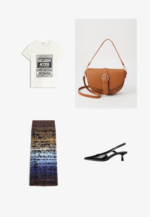 T-shirt blanche avec du texte noir promouvant un événement musical, comportant "Accès Exclusif", "Concerts Rock Indie" et "Expérience Musicale Superstar."; Jupe maxi dégradé marron à bleu avec un design de texte noir texturé et dégoulinant. Le matériau semble doux et léger.; Escarpins slingback en cuir verni noir avec un bout pointu, un design découpé sur les côtés et un petit talon carré. Texture lisse avec des accents minimaux.; Sac bandoulière en cuir marron avec une forme incurvée, quincaillerie dorée et un accent en boucle. Comprend une bandoulière détachable.