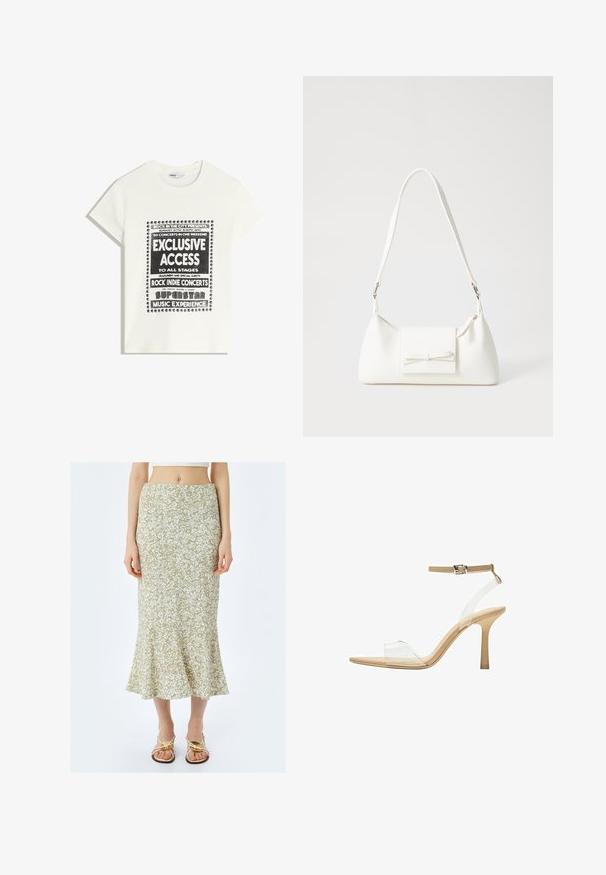 Biała koszulka z czarnym napisem promującym wydarzenie muzyczne, z hasłami "Ekskluzywny Dostęp", "Koncesje Rock Indie" i "Superstar Music Experience."; Koton - Spódnica trapezowa; Przezroczysta sandał z obcasem, z przezroczystą cholewką, beżową wkładką i smukłym paskiem w okolicy kostki. Posiada spiczasty czubek i cienki wysoki obcas.; Biała syntetyczna torba o trójkątnym kształcie, płaskim przednim klapce i detalach w postaci kokardy, regulowanym pasku, gładkiej fakturze oraz minimalistycznym designie.