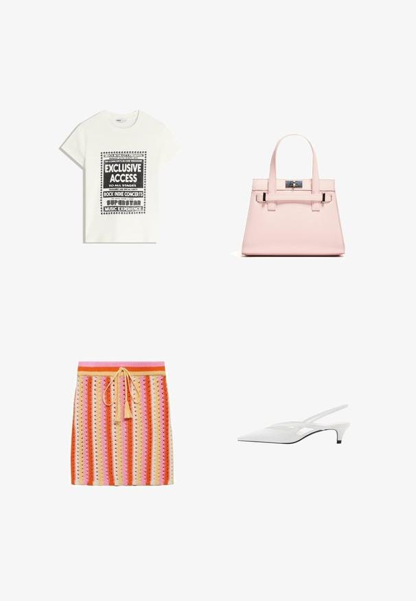 Maglietta bianca con testo nero che promuove un evento musicale, con le scritte "Accesso Esclusivo", "Concerti Rock Indie" e "Esperienza Musicale da Superstar".; Gonna a maglia con motivi a strisce in arancione, rosa, crema e giallo, con vita regolabile e frange decorative.; Décolleté bianco con punta affilata, caratterizzato da una tomaia liscia, sottili aperture e un tacco a blocco basso. La suola nera esalta il design.; Borsa a mano strutturata di colore rosa, realizzata in pelle testurizzata, con due manici superiori, chiusura a scatto e dettagli metallici a contrasto.
