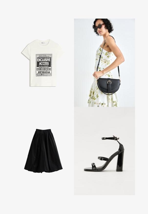 Maglietta bianca con testo nero che promuove un evento musicale, con le scritte "Accesso Esclusivo", "Concerti Rock Indie" e "Esperienza Musicale da Superstar".; New Look BUBBLE-HEM - Gonna lunga - black; Sandali con tacco in vernice nera, con punta squadrata, cinturini alla caviglia e fibbie in argento. Presentano un tacco a blocco spesso per maggiore stabilità.; Borsa a tracolla nera in pelle con una forma curva, manico rimovibile e accessori dorati. La borsa presenta una patta con un dettaglio a fibbia.